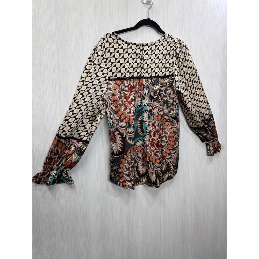Boho Mixed Print Long Sleeve Blouse Floral Geometric Ladder Lace Trim Top
